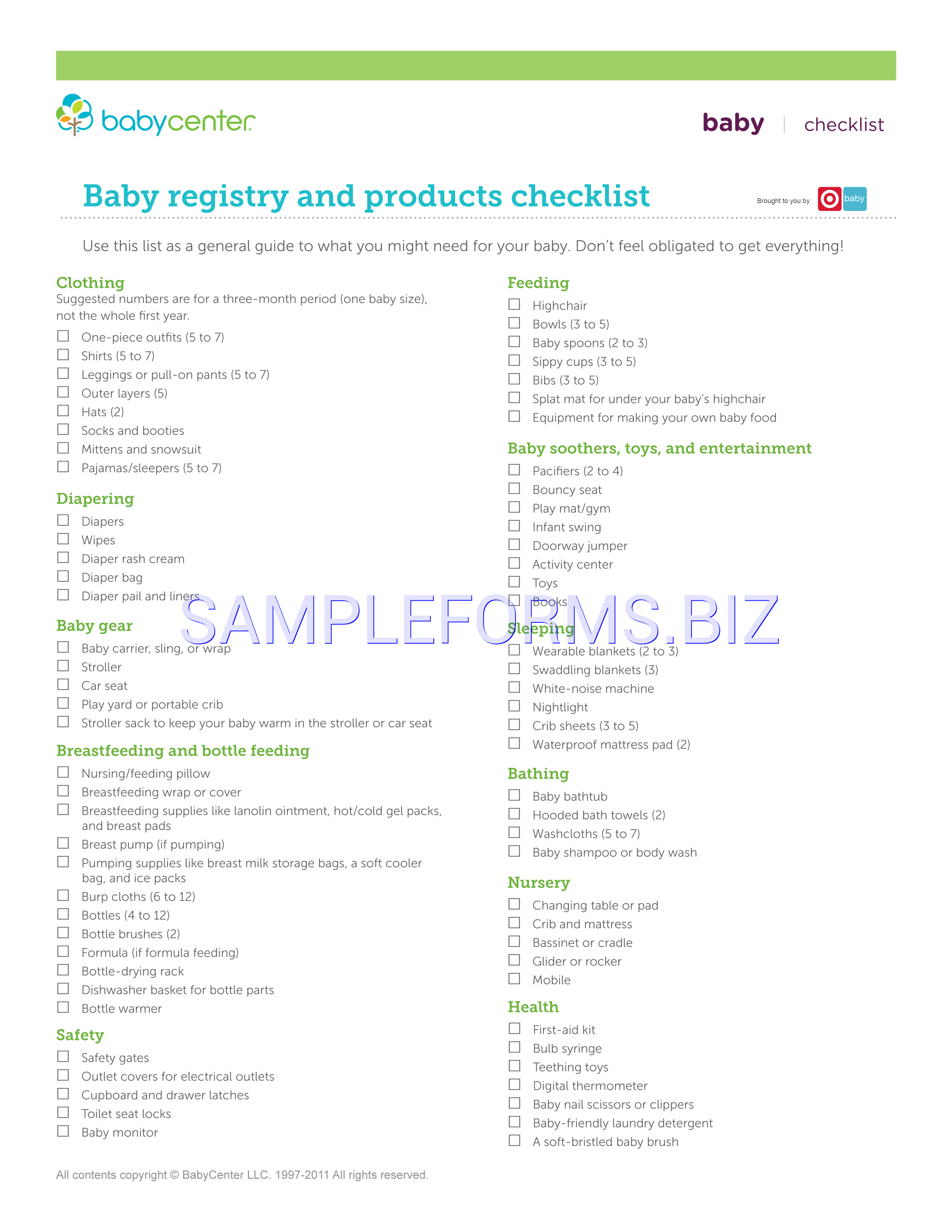 Preview free downloadable Baby Registry and Products Checklist in PDF (page 1)